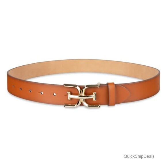 Leather and Polyurethane Belt with Double-E Logo Plaque Buckle display picture 3